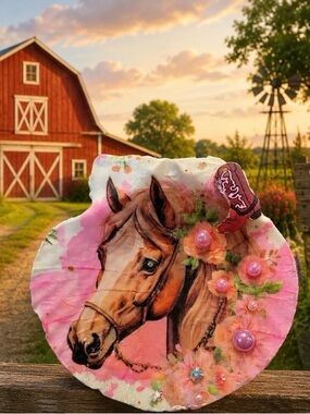 Decoupaged Seashell Horse Decorative Ring Holder - Pink Floral Accents